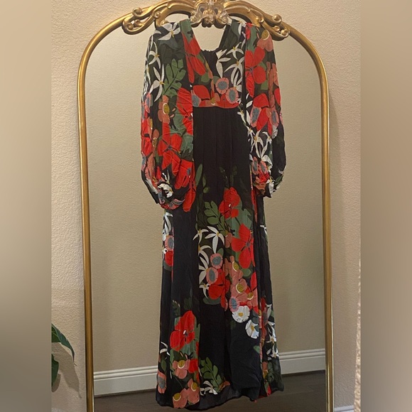 Farm Rio For Anthropologie Long-Sleeve V-Neck Black Floral Maxi Dress Size S - Picture 2 of 13